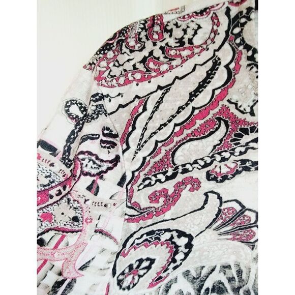 Chico's 1 Tan Paisley Top Pink Maroon L/S Round Neck Stretch Medium‎ Cotton Blnd - Picture 4 of 6